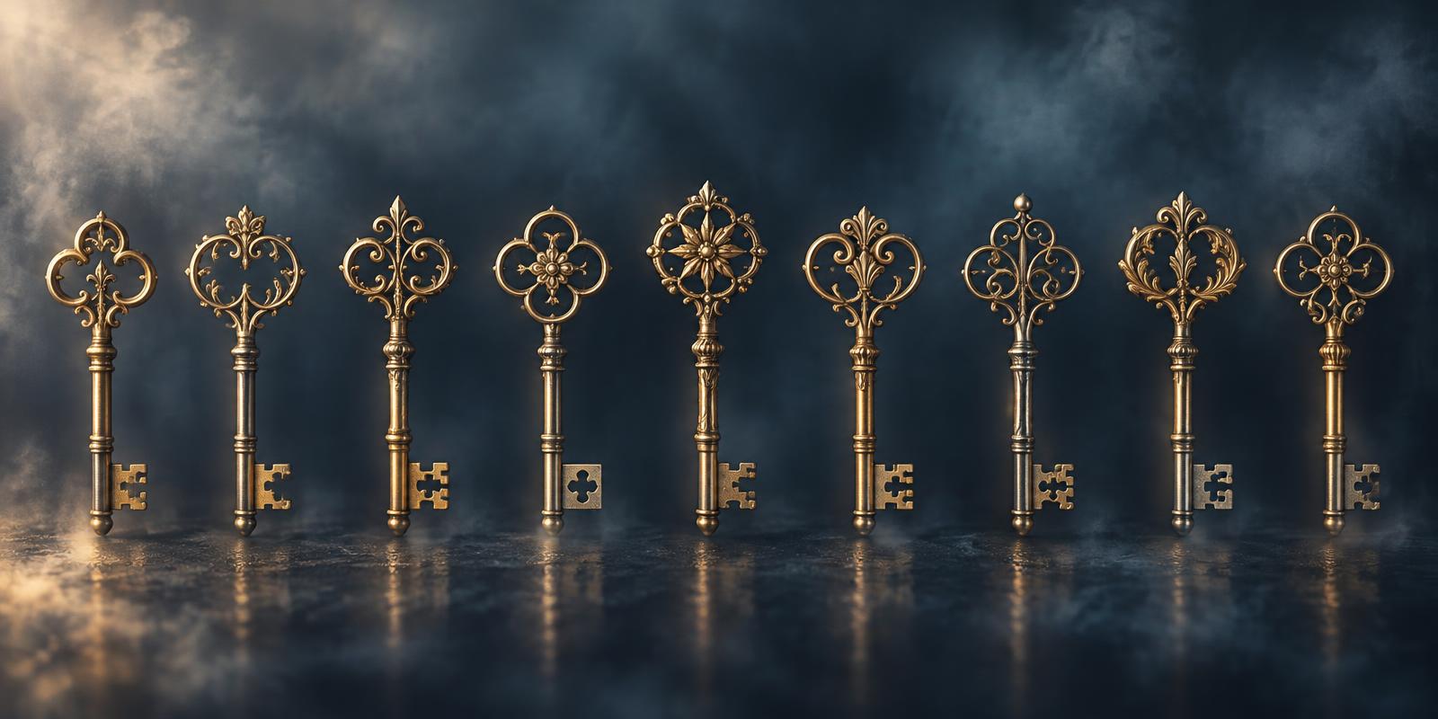 9 antique gold keys in a row